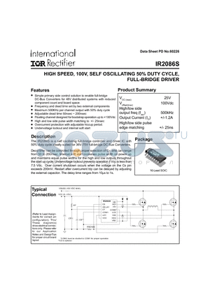 IR2086S datasheet - HIGH SPEED, 100V, SELF OSCILLATING 50% DUTY CYCLE, FULL-BRIDGE DRIVER