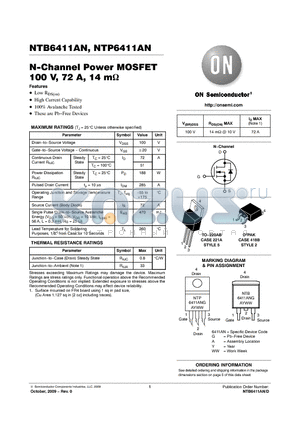 NTB6411ANG datasheet - N-Channel Power MOSFET 100 V, 72 A, 14 mY