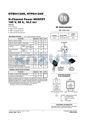 NTB6412ANT4G datasheet - N-Channel Power MOSFET 100 V, 58 A, 18.2 mY