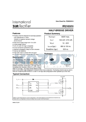 IR2103S datasheet - HALF-BRIDGE DRIVER