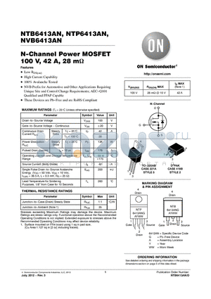 NTB6413ANG datasheet - N-Channel Power MOSFET 100 V, 42 A, 28 m