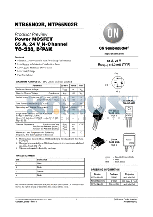 NTB65N02R datasheet - Power MOSFET 65 A, 24 V N-Channel TO-220, D2PAK