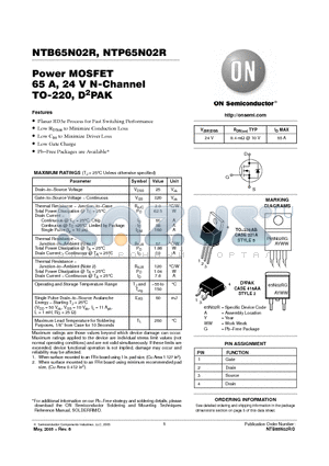 NTB65N02RG datasheet - Power MOSFET 65 A, 24 V N-Channel TO-220, D2PAK