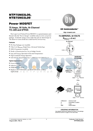 NTB75N03L09G datasheet - Power MOSFET