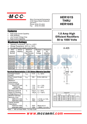 HER101S datasheet - 1.0 Amp High Efficient Rectifiers 50 to 1000 Volts