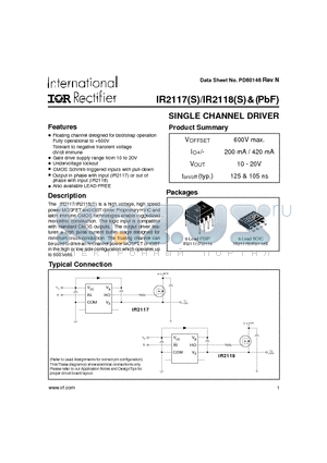 IR2117 datasheet - SINGLE CHANNEL DRIVER