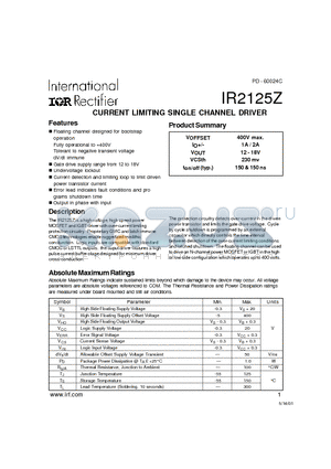 IR2125Z datasheet - CURRENT LIMITING SINGLE CHANNEL DRIVER