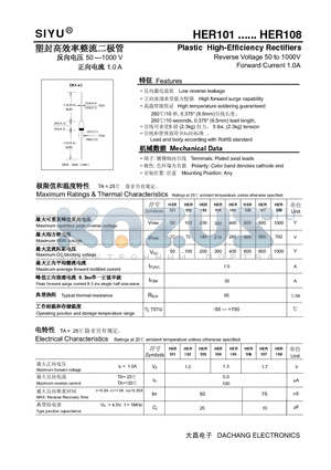 HER102 datasheet - Plastic High-Efficiency Rectifiers Reverse Voltage 50 to 1000V Forward Current 1.0A