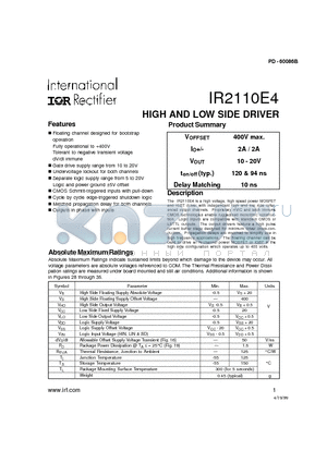 IR2110E4 datasheet - HIGH AND LOW SIDE DRIVER