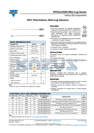 NTCALUG03A103HC datasheet - NTC Thermistors, Mini Lug Sensors