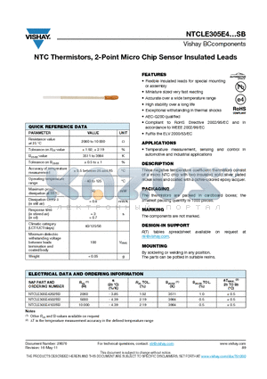 NTCLE305E4 datasheet - NTC Thermistors, 2-Point Micro Chip Sensor Insulated Leads