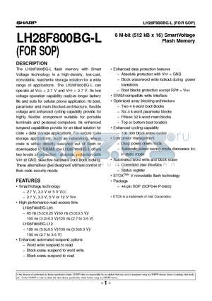 LH28F800BG-L datasheet - 8 M-bit (512 kB x 16) SmartVoltage Flash Memory