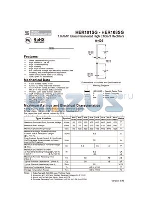 HER102SG datasheet - 1.0 AMP. Glass Passivated High Efficient Rectifiers