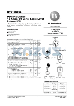 NTD15N06L datasheet - Power MOSFET 15 Amps, 60 Volts, Logic Level