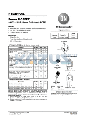 NTD20P06LT4G datasheet - Power MOSFET −60 V, −15.5 A, Single P−Channel, DPAK