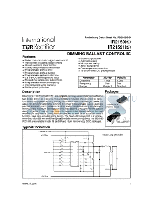 IR2159 datasheet - DIMMING BALLAST CONTROL IC