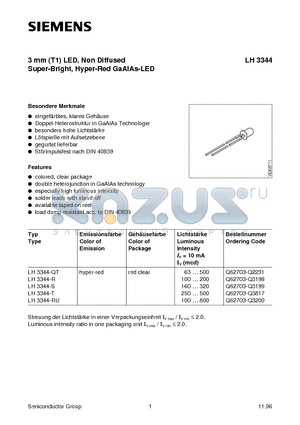 LH3344 datasheet - 3 mm (T1) LED, Non Diffused, Super-Bright, Hyper-Red GaAIAs-LED