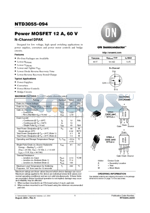 NTD3055-094T4 datasheet - Power MOSFET 12 A, 60 V