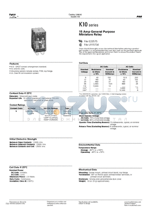 K10 datasheet - 15 Amp General Purpose Miniature Relay