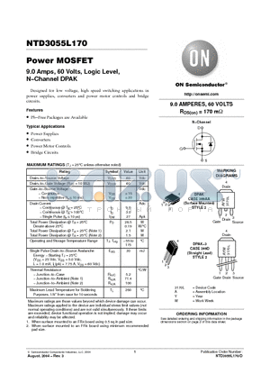 NTD3055L170-1 datasheet - 9.0 Amps, 60 Volts, Logic Level, N−Channel DPAK