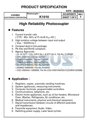 K1010 datasheet - High Reliability Photocoupler