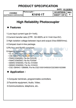 K10101TC datasheet - High Reliability Photocoupler