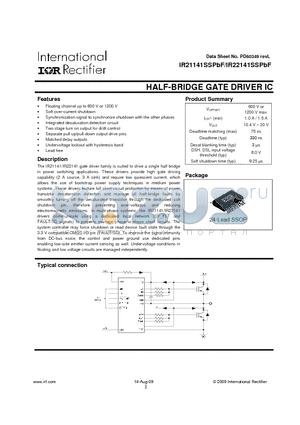 IR22141SSPBF datasheet - HALF-BRIDGE GATE DRIVER IC