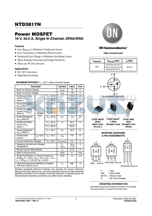 NTD3817N datasheet - Power MOSFET 16 V, 34.5 A, Single N-Channel, DPAK/IPAK