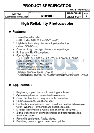 K10103B datasheet - High Reliability Photocoupler