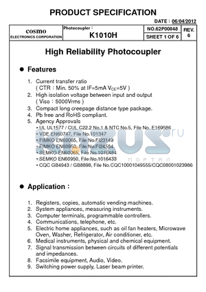 K10103E datasheet - High Reliability Photocoupler