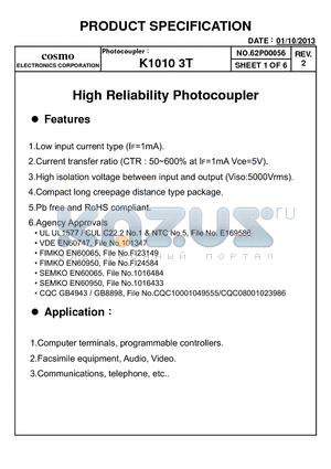 K10103TA datasheet - High Reliability Photocoupler