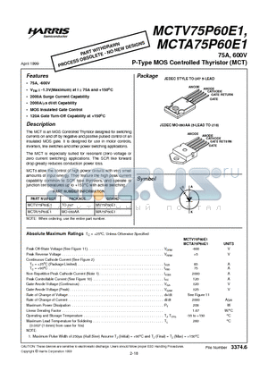 MCTV75P60E1 datasheet - 75A, 600V P-Type MOS Controlled Thyristor (MCT)