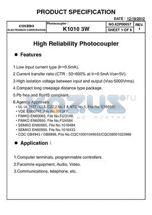 K10103WE datasheet - High Reliability Photocoupler