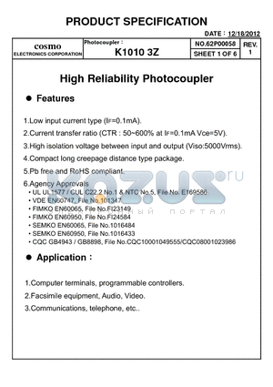 K10103Z datasheet - High Reliability Photocoupler