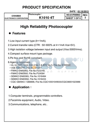 K10104TC datasheet - High Reliability Photocoupler