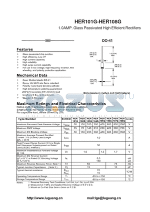 HER104G datasheet - 1.0AMP. Glass Passivated High Efficient Rectifiers