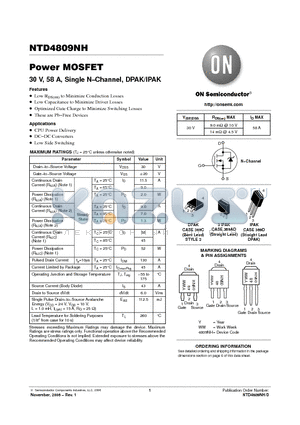 NTD4809NHT4G datasheet - Power MOSFET 30 V, 58 A, Single N−Channel, DPAK/IPAK