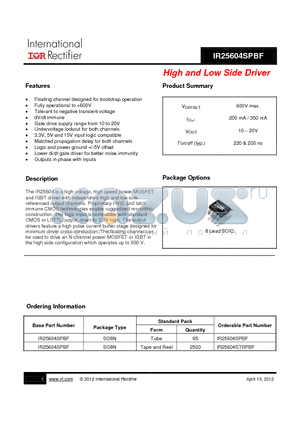 IR25604STRPBF datasheet - High and Low Side Driver