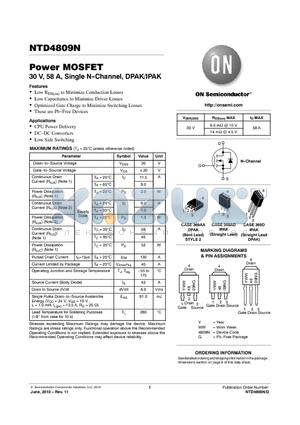 NTD4809NT4G datasheet - Power MOSFET 30 V, 58 A, Single N--Channel, DPAK/IPAK