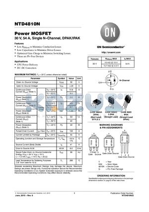 NTD4810N datasheet - Power MOSFET 30 V, 54 A, Single N--Channel, DPAK/IPAK