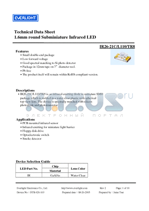 IR26-21C-L110-TR8 datasheet - 1.6mm round Subminiature Infrared LED