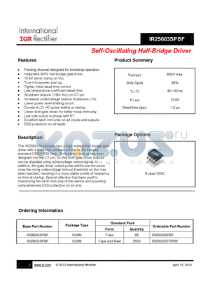 IR25603SPBF datasheet - Self-Oscillating Half-Bridge Driver
