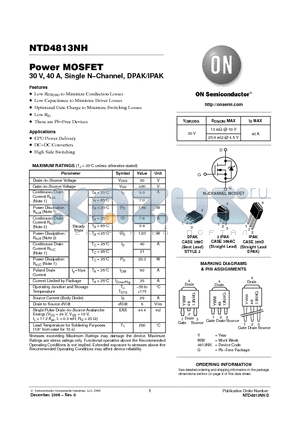 NTD4813NH-1G datasheet - Power MOSFET 30 V, 40 A, Single N−Channel, DPAK/IPAK