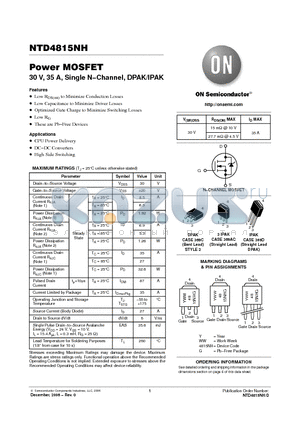 NTD4815NH-35G datasheet - Power MOSFET 30 V, 35 A, Single N-Channel, DPAK/IPAK