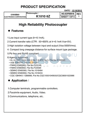 K10106ZA datasheet - High Reliability Photocoupler