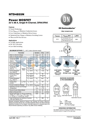 NTD4855N datasheet - Power MOSFET 25 V, 98 A, Single N-Channel, DPAK/IPAK