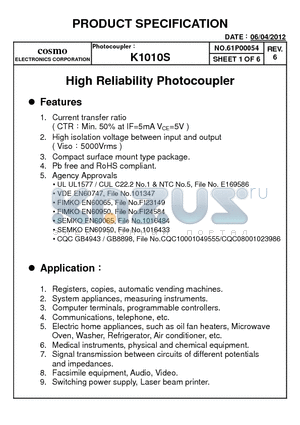 K1010S datasheet - High Reliability Photocoupler