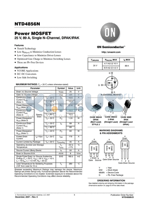 NTD4856N-35G datasheet - Power MOSFET 25 V, 89 A, Single N-Channel, DPAK/IPAK