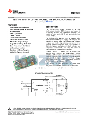 PTEA415050 datasheet - 15-A, 48-V INPUT, 5-V OUTPUT, ISOLATED, 1/8th BRICK DC/DC CONVERTER