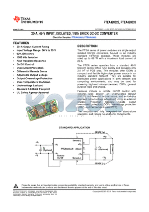 PTEA420025N2AD datasheet - 20-A, 48-V INPUT, ISOLATED, 1/8th BRICK DC-DC CONVERTER